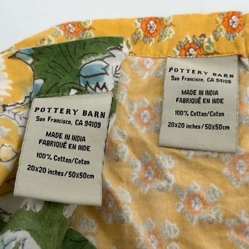 Set Of 2 Pottery Barn Napkins Cotton 20 X 20” Dinner Cloths Floral Yellow